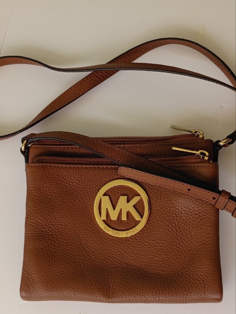 Michael Kors Tan Pebbled Leather Crossbody with Gold MK Emblem